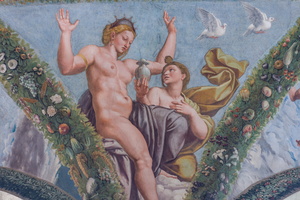 Psyche hands to Venus the jar with Proserpines tears, showing her she was worth of the challenge Venus sets for her. Venus raises her hands in disarray