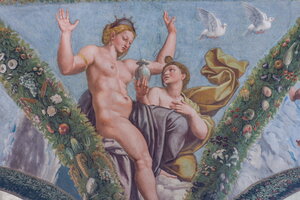 Psyche hands to Venus the jar with Proserpines tears, showing her she was worth of the challenge Venus sets for her. Venus raises her hands in disarray